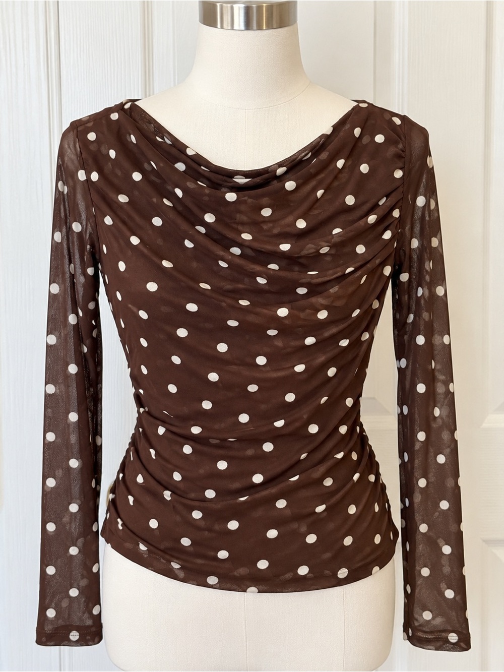 Women’s Brown Polka Dot Draped Neck Long-Sleeve Top